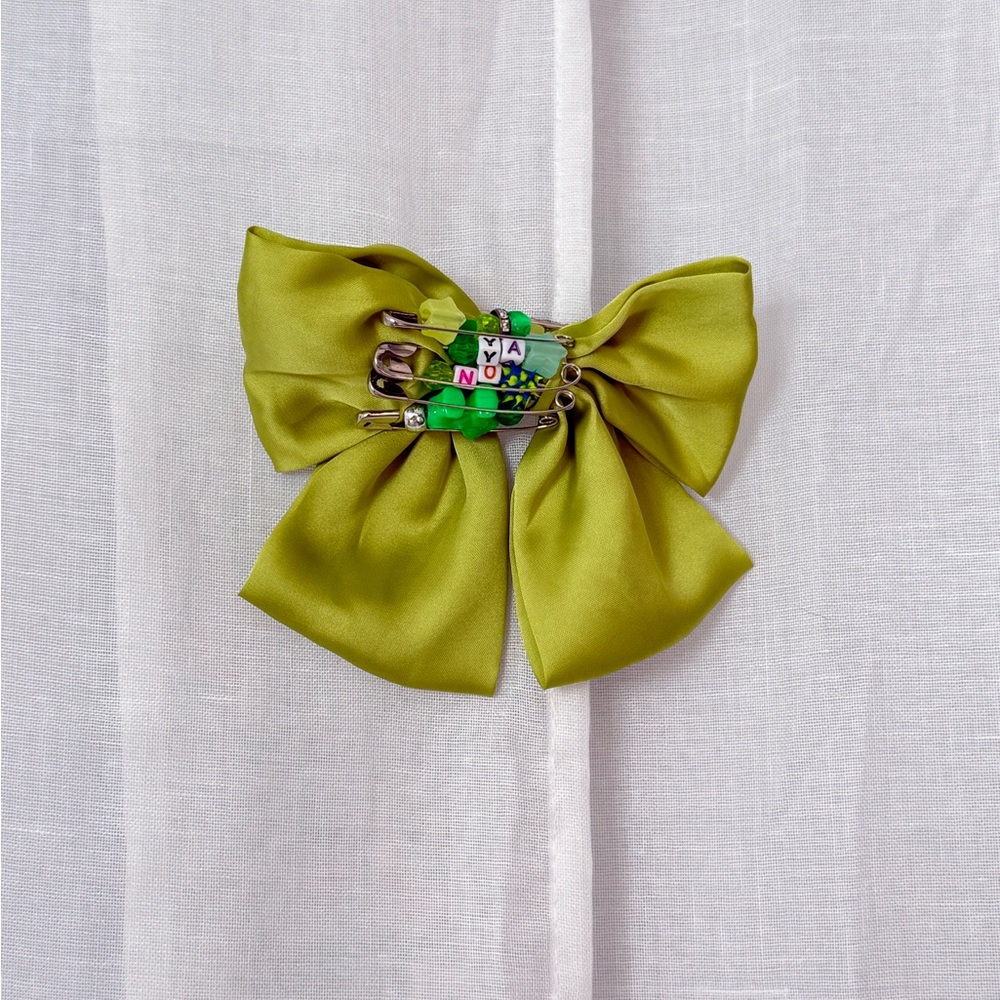 Green Bow Brooch with Safety Pin Detail